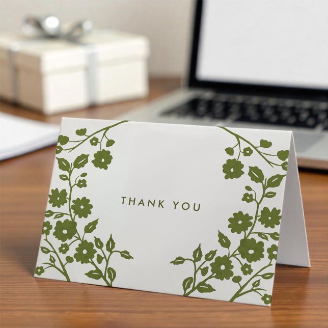 Olive Green Folk Flowers White Thank You Custom Card (Creator Uploaded)
