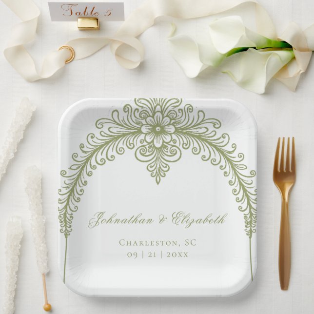 Olive Green French Flourish Arch Wedding Paper Plate (Wedding)