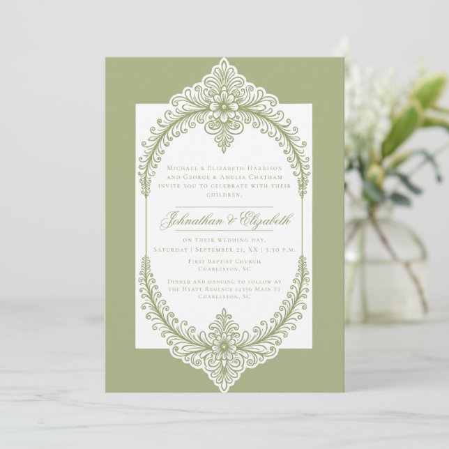 Olive Green French Flourish Frame Wedding Invitation (Standing Front)