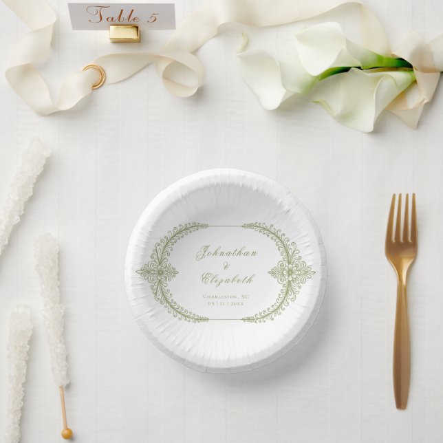 Olive Green French Flourish Frame Wedding Paper Plate (Wedding)