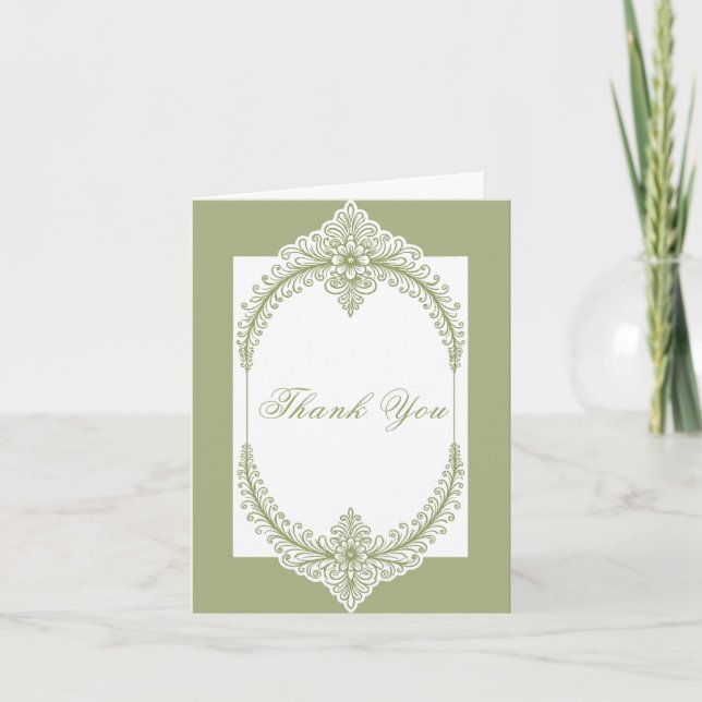 Olive Green French Flourish Frame Wedding Thank You Card (Front)
