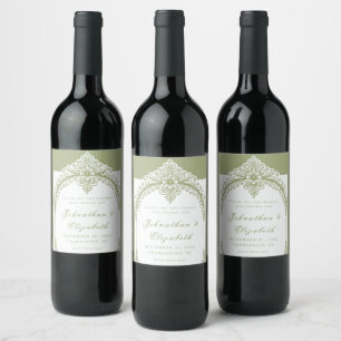 Olive Green French Flourish Frame Wedding Wine Label