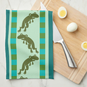Olive Green Frog Pattern with Chequerboard Stripes Kitchen Towel