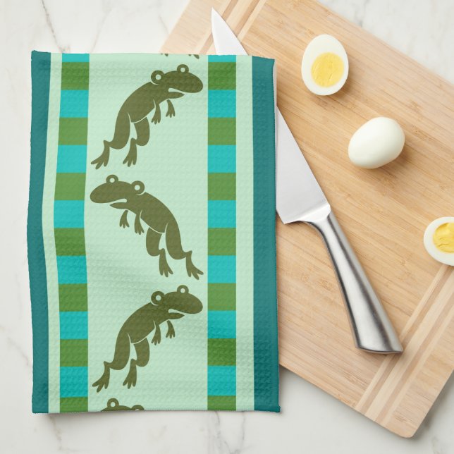 Olive Green Frog Pattern with Chequerboard Stripes Kitchen Towel (Quarter Fold)