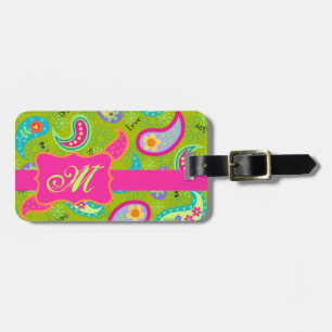 Olive Green Fuchsia Pink Modern Paisley Monogram Luggage Tag