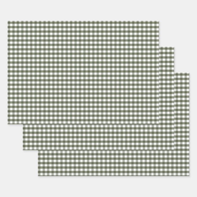 Olive Green Gingham Patterned    Wrapping Paper Sheet (Set)