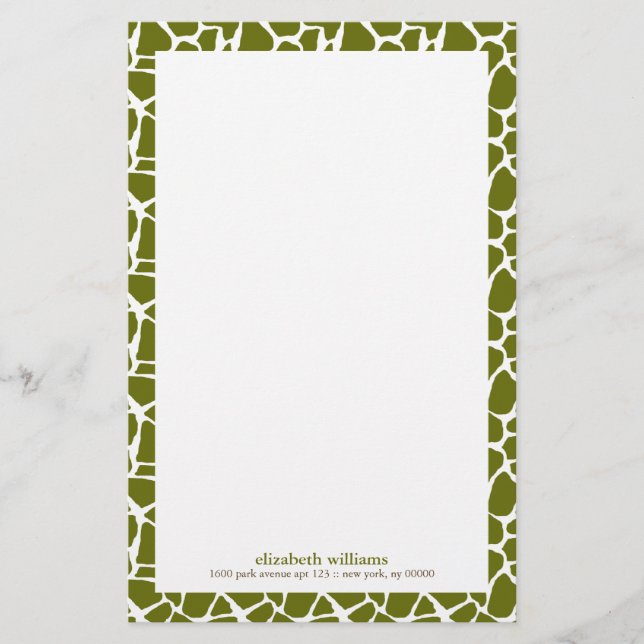 Olive Green Giraffe Pattern Stationery (Front)