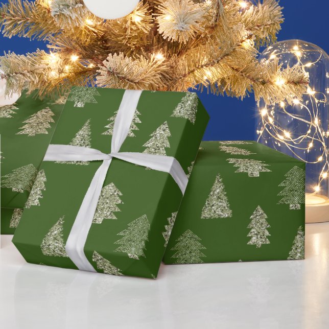 Olive Green Glitter Christmas Trees Wrapping Paper (Holidays)