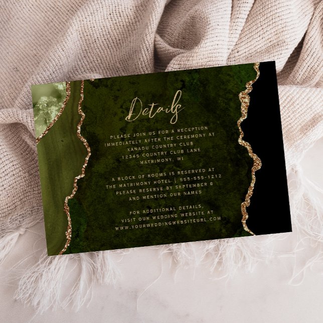 Olive Green Gold Agate Script Wedding Details Enclosure Card (Creator Uploaded)