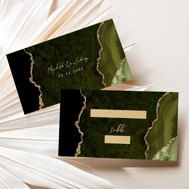 Olive Green Gold Agate Script Wedding Table Place Card (Creator Uploaded)