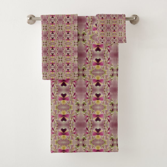 Olive Green Gold and Burgundy Bath Towel Set (Insitu)