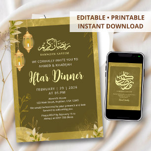 Olive Green & Gold Botanical Ramadan Iftar Invitation