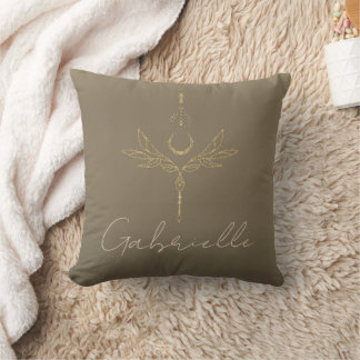 Olive Green & Gold Glitter Celestial Name Throw Pillow