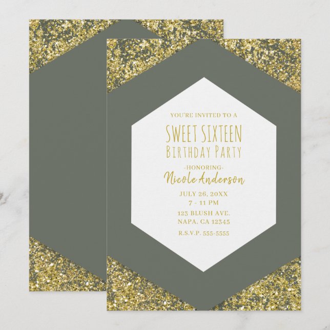 Olive Green Gold Glitter Flakes Glam Sweet 16 Invitation (Front/Back)