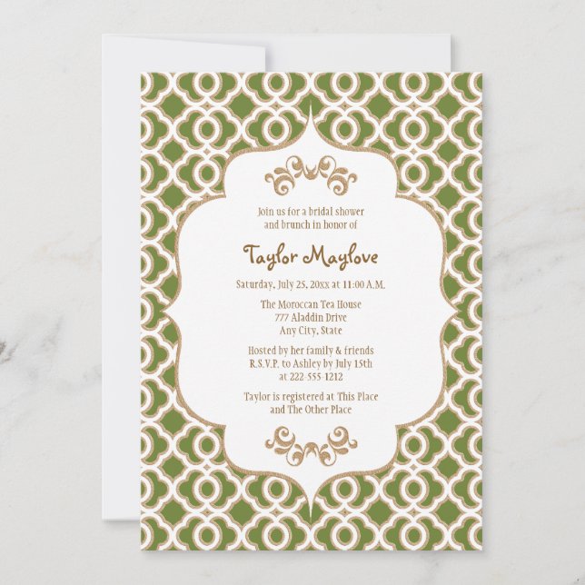 Olive Green Gold Moroccan Bridal Shower Invites (Front)