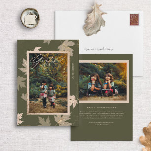 Olive Green Grateful Fall Leaf Thanksgiving Photo Holiday Card