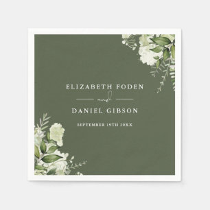 Olive Green Greenery Floral Elegant Names Date Napkin