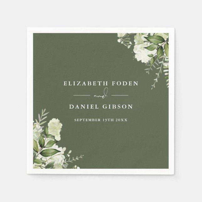 Olive Green Greenery Floral Elegant Names Date Napkin (Front)