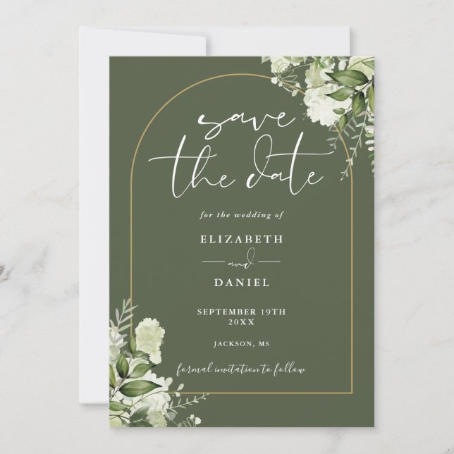 Olive Green Greenery Floral Gold Arch Wedding Save The Date (Front)