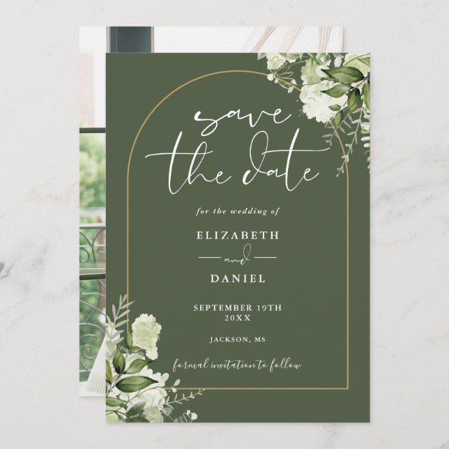 Olive Green Greenery Gold Arch Photo Wedding Save The Date (Front/Back)