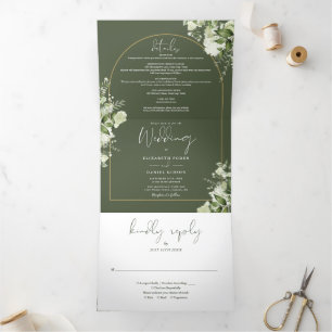 Olive green Greenery Gold Arch Photo Wedding Tri-Fold Invitation