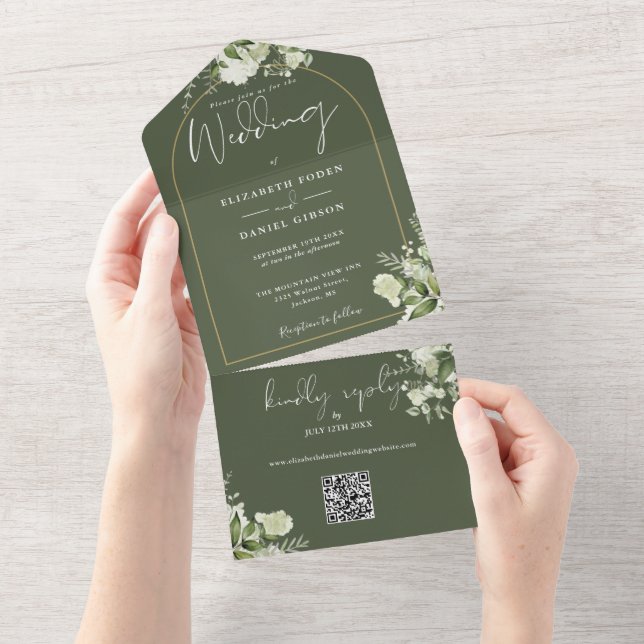 Olive Green Greenery Gold Arch QR Code Wedding All In One Invitation (Tearaway)