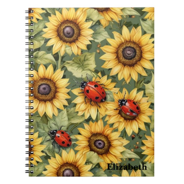 Olive Green Greenery Sunflower Lady Bug Garden Zen Notebook (Front)