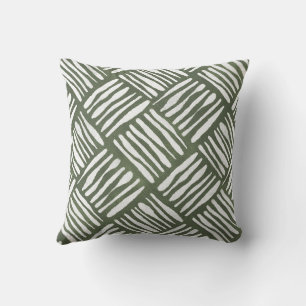 Olive Green Hand-Drawn Basket Weave Throw Pillow