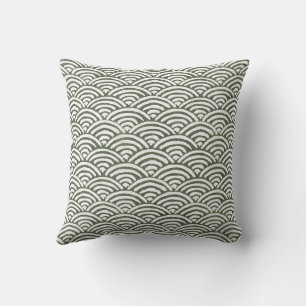 Olive Green Hand-Drawn Seigaiha Ocean Waves Throw Pillow
