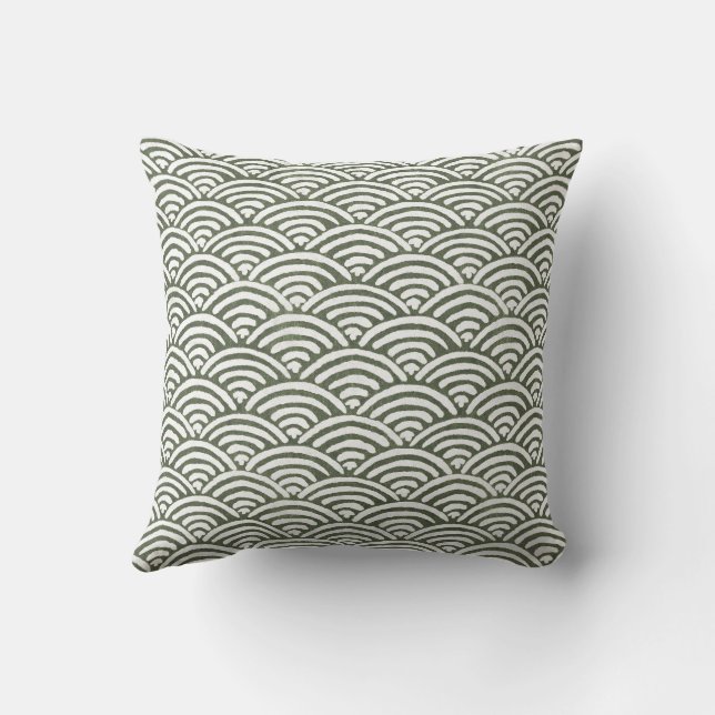 Olive Green Hand-Drawn Seigaiha Ocean Waves Throw Pillow (Back)
