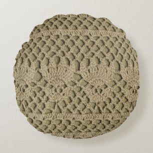 Olive green handmade lace on olive background round pillow