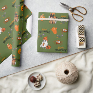 olive green Happy Halloween Cute Ghost Pumpkin Wrapping Paper