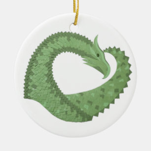 Olive green heart dragon on white ceramic ornament