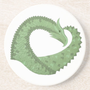Olive green heart dragon on white coaster