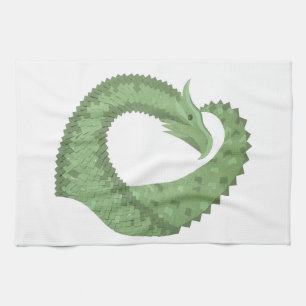 Olive green heart dragon on white kitchen towel