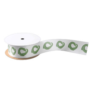 Olive green heart dragon on white satin ribbon