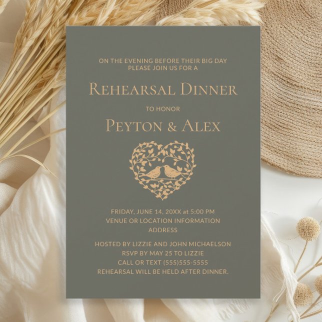 Olive Green Heart Love Birds Rehearsal Dinner Invitation (Olive/sage green Love Birds wedding rehearsal dinner invitation)
