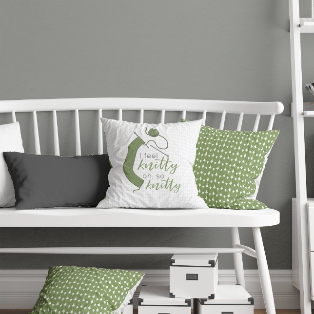 Olive Green I Feel Knitty, Oh So Knitty Throw Pillow (Creator Uploaded)