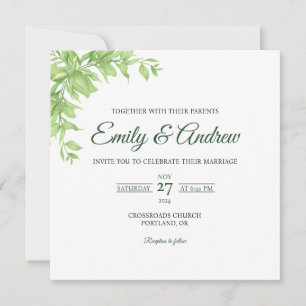 Olive Green Leaf Floral Watercolor Square Wedding Invitation