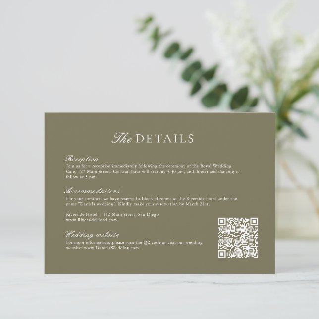Olive Green Leaf Monogram Wedding QR Code Details Enclosure Card (Standing Front)