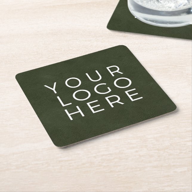 Olive Green Leather Look Custom Business Logo Square Paper Coaster (Angled)