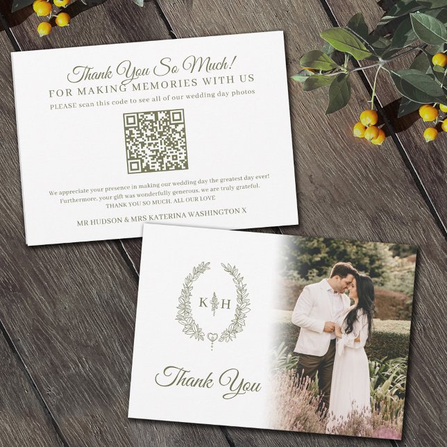 Olive green leaves monogram wedding photo QR Code Thank You Card (Creator Uploaded)