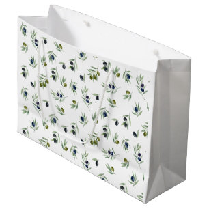 Olive Green Leaves Watercolor Floral Pattern Large Gift Bag