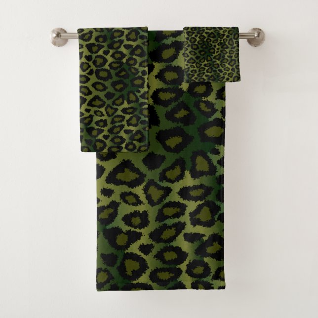 Olive Green Leopard Pattern Bath Towel Set (Insitu)