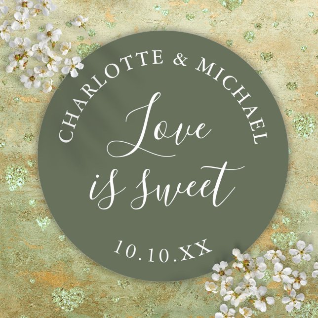 Olive Green Love Is Sweet Wedding Favor  Classic Round Sticker (Olive Green Love Is Sweet Wedding Favor Classic Round Sticker)