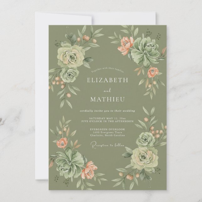 Olive Green Lush Botanical Wedding Invitation (Front)