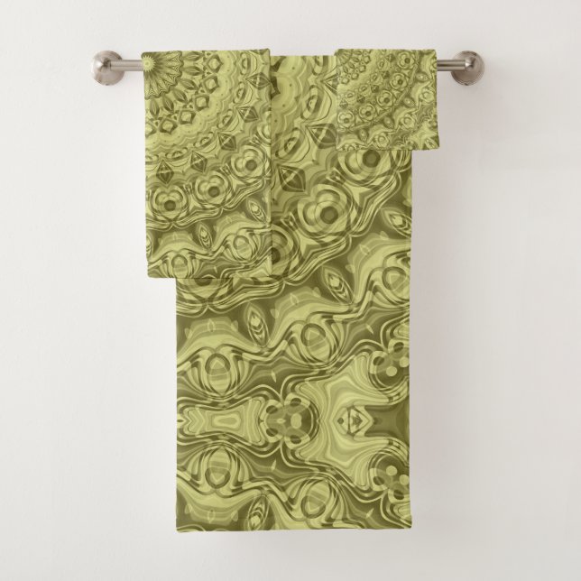 Olive Green Mandala Pattern Design Bath Towel Set (Insitu)