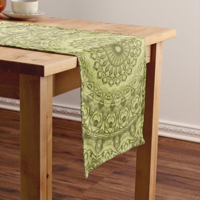 Olive Green Mandala Pattern Design Long Table Runner (In Situ)