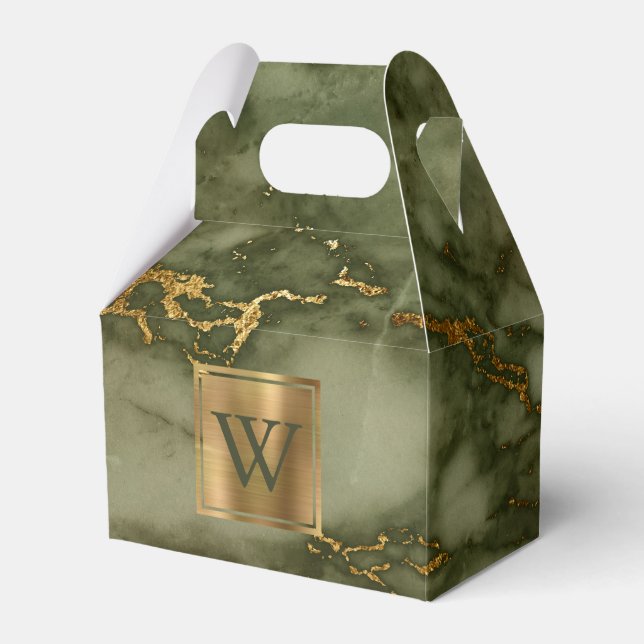 Olive Green Marble Gold Monogram Favor Box (Front Side)
