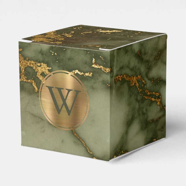 Olive Green Marble Gold Monogram Favor Box (Front Side)